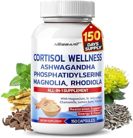 CORTISOL Wellness Ashwagandha 6,000mg 14-in-1 Natural Blend with Phosphatidylserine Magnolia Rhodiola St. John's Wort Peppermint Bacopa - 150 Count - Made & Tested in The USA NESSARIT