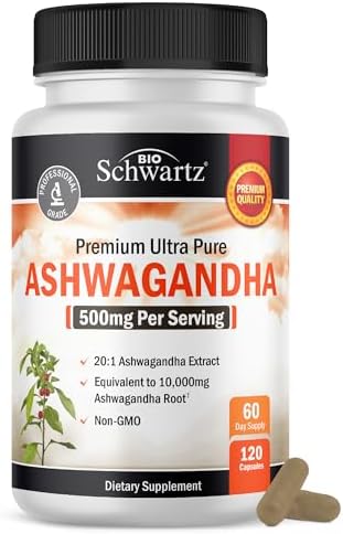 Ashwagandha Supplements - Extra Strength Ashwagandha Capsules (Капсулы) with 500mg 20 to 1 Root Extract Equivalent to 10,000mg Ashwaganda Powder (Порошок) - Vegan Safe, Gluten Free, Non-GMO, 60 Servings (Порции) (120 Count) BioSchwartz