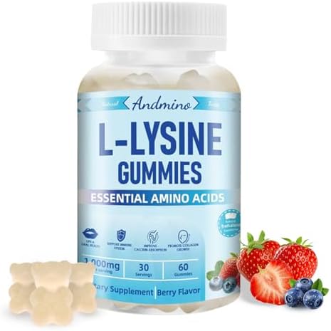 L-Lysine Gummies (Жевательные конфеты) 1000 mg, with Trehalose, L Lysine Gummies for Lips & Oral Health, Boost Immune & Collagen & Calcium, for Adults & Kids, Non-GMO, Vegan, Gluten Free, Berry Flavor, 60 Andmino