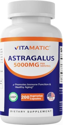 Vitamatic Astragalus Capsules (Капсулы) 5000mg Supplement - 200 Veg Capsules (Вегетарианские капсулы) - 10:1 Astragalus Extract 500mg Equal to 5,000mg Astragalus Root Powder (Порошок) - Non-GMO, Gluten-Free Vitamatic