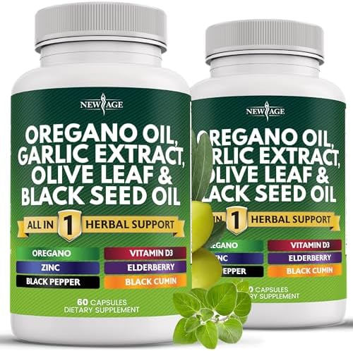 NEW AGE Oregano Oil 6000mg Garlic Extract 4000mg Olive Leaf 3000mg with Astragalus - Immune Support & Digestive Health Supplement for Women and Men - 120 Count NEW AGE