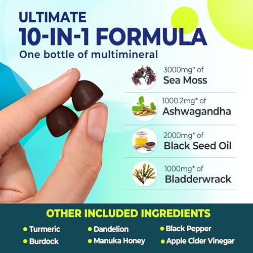 Sea Moss Gummies 3000mg, Black Seed Oil Gummies 2000mg, Ashwagandha 1000mg Bladderwrack 1000mg, Burdock Turmeric Apple Cider Vinegar Manuka Honey Dandelion - for Immune and Digestive Support 60 Count Divinity Nutra