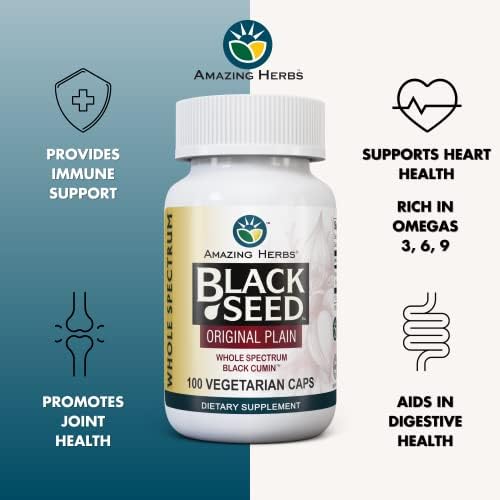 Amazing Herbs Whole Spectrum Black Seed Original Plain, Vegetarian Capsules - Gluten Free, Non GMO, Cold Pressed Nigella Sativa Aids in Digestive Health - 100 Count, 475mg Amazing Herbs