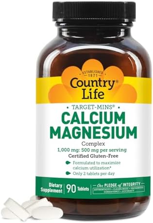 Country Life Target-Mins Calcium Magnesium Complex 1000mg/500mg, 180 Tablets (Таблетки), Certified Gluten Free, Certified Vegan, Certified Non-GMO Verified Country Life