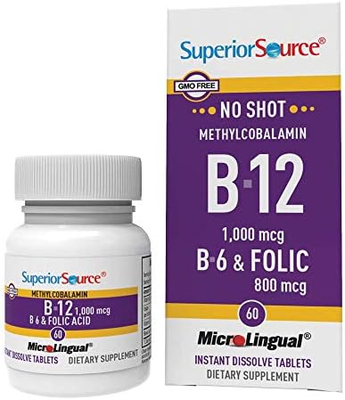 Superior Source No Shot Vitamin B12 Methylcobalamin (1000 mcg), B6, Folic Acid, Quick Dissolve MicroLingual Tablets (Таблетки), 60 Ct, Increase Energy, Healthy Heart, Boost Metabolism, Stress Support, Non-GMO Superior Source