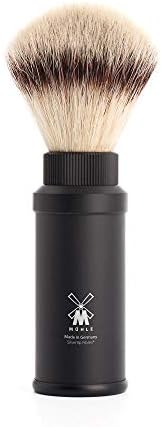 MÜHLE Travel Black Aluminum Silvertip Fibre Shaving Brush - Portable Synthetic Luxury Shave Brush for Men, Rich Lather MÜHLE