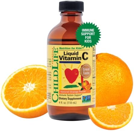 CHILDLIFE ESSENTIALS Liquid (Жидкость) Vitamin C for Infants, Toddlers & Kid- Immune Support, All-Natural, Gluten-Free, Allergen Free, Non-GMO, High in Antioxidants - Orange Flavor, 4 Oz Bottle ChildLife Essentials