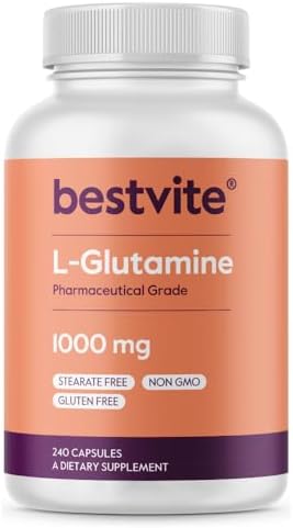 BESTVITE L-Glutamine 1000mg per Capsule (240 Capsules) - Free Form - No Stearates - No Fillers - Gluten Free - Non GMO Bestvite