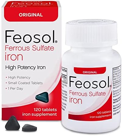 Feosol Original Iron Supplement Tablets (Таблетки), Non-heme, 325mg Ferrous Sulfate (65mg Elemental Iron) per Iron Pill, 1 Per Day, 120ct, 4 Month Supply, for Energy and Immune System Support, Made in USA Feosol