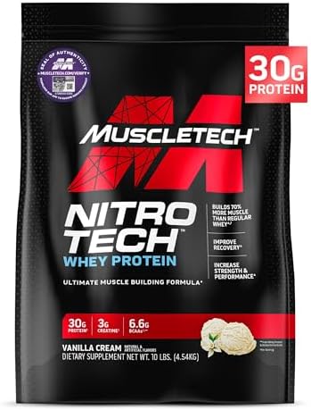 Muscletech Whey Protein Powder (Порошок) (French Vanilla Cream (Крем), 5LB) - Nitro-Tech Whey Protein Isolate Smoothie Mix for Lean Muscle & Fast Recovery - 24g of Whey Gold Protein for Women & Men - Gluten-Free Muscletech