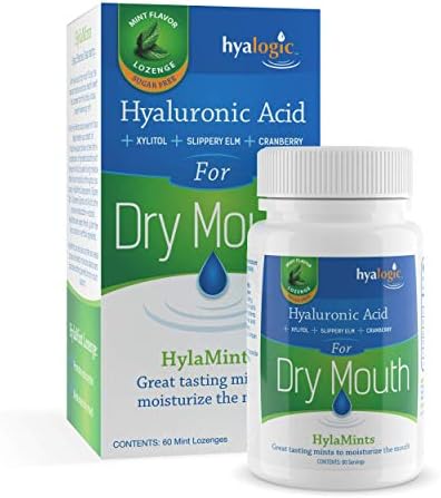 Hyalogic HyaMints Breath Mints for Dry Mouth- Sugar Free Mint Flavor— Natural Breath Freshener w/Hyaluronic Acid, Cranberry Extract, Xylitol, Slippery Elm, Orange Pectin (60 Count) Hyalogic