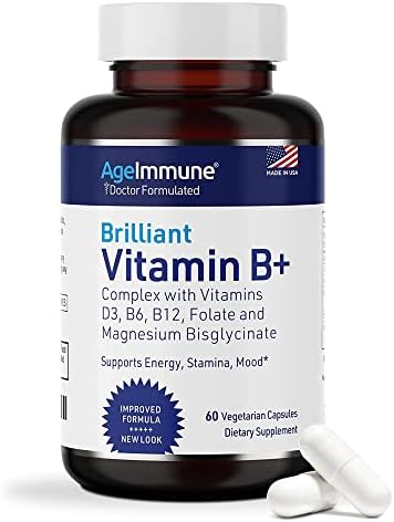 Vitamin B Complex - 60 Capsules (Капсулы) with Vitamins B6 20mg D3 1000IU Magnesium Bisglycinate 260mg Methyl B12 1000mcg and Folate as Methylfolate 600mcg DFE. Doctor Formulated MTHFR Support Supplement. AgeImmune