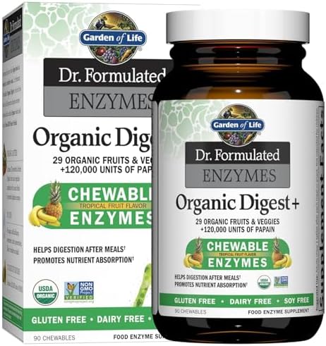 Garden of Life Dr Formulated Digestive Enzymes with Papain, Bromelain, Lipase for Digestion & Nutrient Absorption – Organic Digest+ - Vegan, Gluten-Free, Non-GMO, Tropical Fruit Flavor, 90 Chewables (Жевательные таблетки) Garden of Life