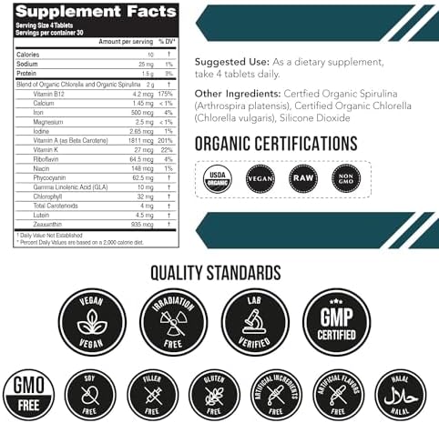 Organic Spirulina & Chlorella Tablets – 4 Organic Certifications, Raw, Non-Irradiated – 50/50 Blue Green Algae Blend – Antioxidant Content Equal to 5 Servings of Vegetables (120 Tablets) Triquetra Health