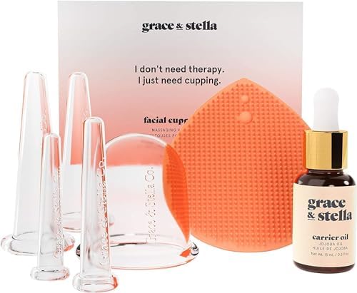 Facial Cupping (7-Pc Set) - Face Cupping Set - Facial Suction Cups With Jojoba Oil & Cleansing Brush To Reduce Appearance Of Fine Lines - Face Suction Cup Set For Lymphatic Drainage by grace & stella Grace & Stella