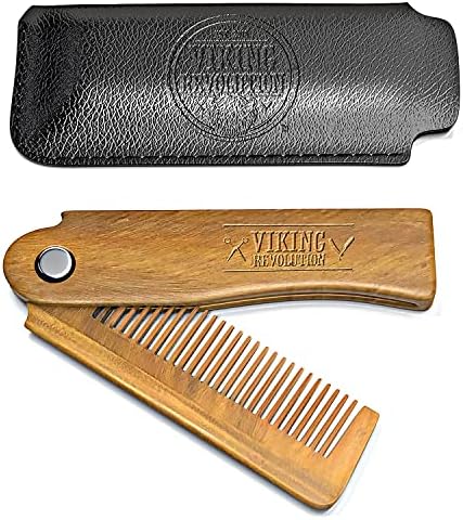 Folding Beard Comb w/Carrying Pouch for Men - All Natural Wooden Beard Comb w/Gift Box - Green Sandalwood Comb for Grooming & Combing Hair, Beards and Mustaches by Viking Revolution Viking Revolution