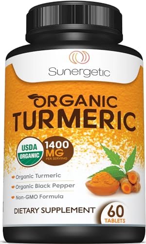 USDA Certified Organic Turmeric Supplement – Includes Organic Turmeric & Organic Black Pepper – 1,400mg of Turmeric per Serving - 60 Count (Pack of 1) Sunergetic