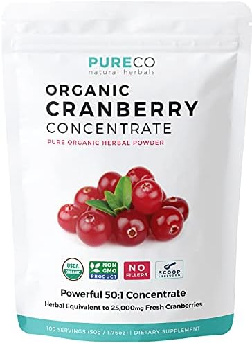 USDA Organic Cranberry Concentrate (50:1) Powder (Порошок) - 500mg is Equivalent to 25,000mg of Fresh Cranberries - for Kidney Cleanse & UTI Support Vitamins - Women - Supplement - 100 Servings (Порции) - No Pills PURE CO