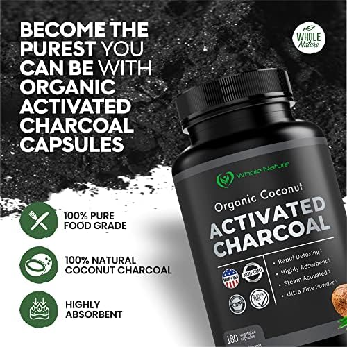 Pure Coconut Activated Charcoal Capsules (Капсулы) - 180 Charcoal Pills, Helps with Teeth Whitening, Bloating and Body Cleansing. Non-GMO - Gluten Free, Vegan Whole Nature