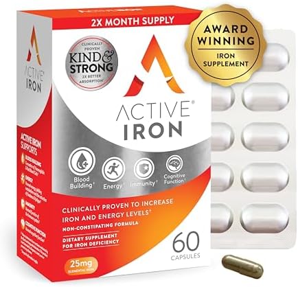 Active Iron High Potency Iron Supplement, 2X Better Absorption & Non-Constipating, Helps Support Energy, Iron Pills for Women & Men, 25mg (60 Capsules (Капсулы)) ACTIVEIRON