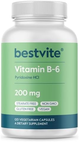 BESTVITE Vitamin B-6 200mg (120 Vegetarian Capsules (Вегетарианские капсулы)) - No Stearates - No Flow Agents - Vegan - Non GMO - Gluten Free BESTVITE