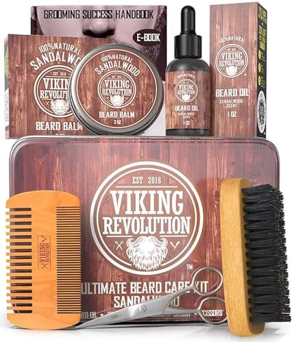 Viking Revolution Ultimate Grooming Kit for Men - Boar Brush, Wood Comb, Sandalwood Balm & Oil, Scissors for Beard & Mustache Viking Revolution