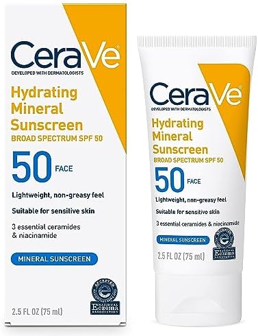 CeraVe 100% Mineral Sunscreen SPF 50 | Face sunscreen With Zinc Oxide & Titanium Dioxide | Hyaluronic Acid + Niacinamide + Ceramides | Oil Free Sunscreen For Face | Travel Size Sunscreen 2.5 oz CeraVe