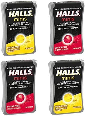 HALLS Minis Cherry & Honey Lemon Sugar Free Cough Drops (Капли) Variety Pack, 4 - 24 Packs (96 Total Drops) Halls