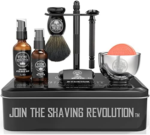 Luxury Safety Razor Shaving Kit - Includes Double Edge Safety Razor, Stand, Bowl, After-Shave Balm, Pre-Shave Oil, Badger Brush Viking Revolution