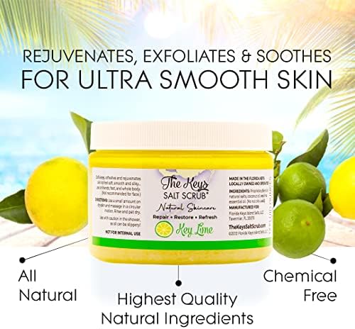 The Keys Sea Salt Scrub - Exfoliating Body Scrub with Wooden Spoon- Foot Scrub and Hand Scrub for men, women - Made with Pure Florida Sea Salt Organic Essential Oils & Nutrients (Key Lime, 3.4 oz). The Keys Salt Scrub