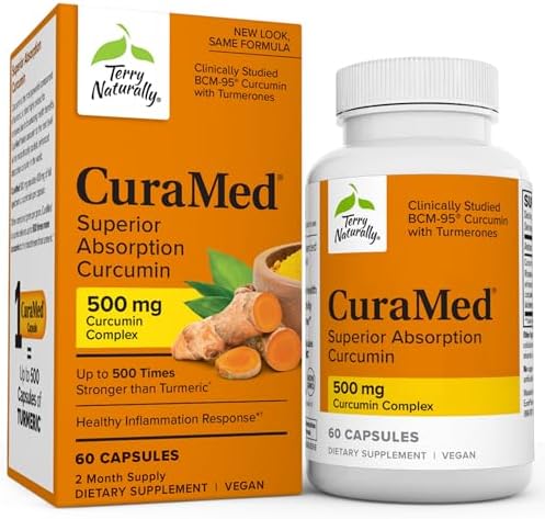 Terry Naturally CuraMed 500mg - Antioxidant Supplement for Brain & Immune Health Support - Supplement with Curcumin & Turmeric Essential Oil - Herbal Liver Support - 60 Softgels Terry Naturally