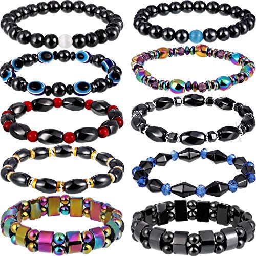 Hicarer 10 Pieces Magnetic Hematite Bracelets for Men Women Magnetic Bracelet Rock Beads Stone Bracelet,10 Styles Hicarer