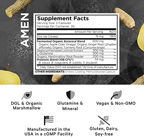 Amen Leaky Gut Supplement - Advanced Formula with Bioavailable L Glutamine, Zinc, Turmeric, DGL Licorice Root - Marshmallow Root - Probiotics & Fermented Prebiotics - Vegan, Non-GMO - 90 Capsules Amen