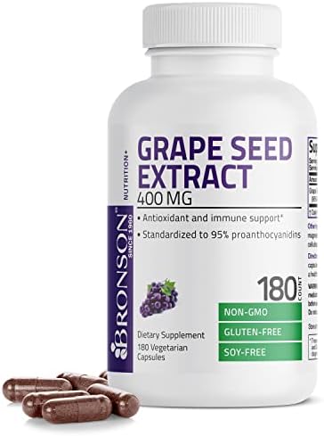 Bronson Grape Seed Extract 400 mg - Antioxidant & Immune Support - Standardized Extract with 95% Proanthocyanidins- Non GMO, 180 Vegetarian Capsules Bronson