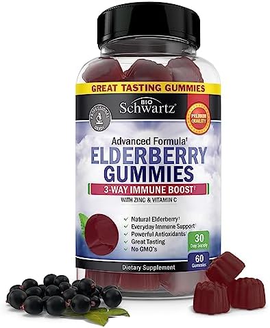 Elderberry Gummies (Жевательные конфеты) with Zinc and Vitamin C for Adults & Kids - Natural Immune Support - Black Sambucus Elderberries - Powerful Multiminerals Supplement - Gluten-Free, Non-GMO, Vegan Friendly, 60ct BioSchwartz