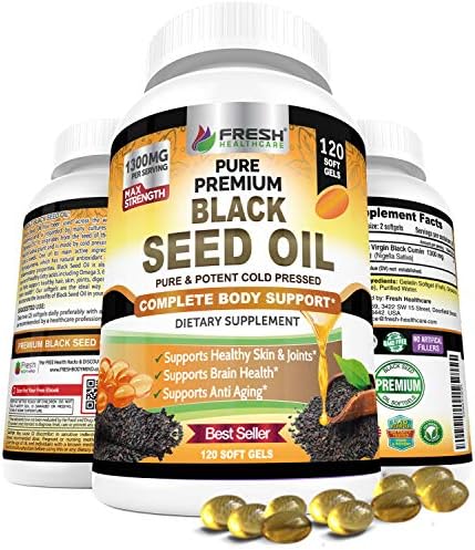 Black Seed Oil Capsules Cold Pressed 1300mg Per Serving, 100% Pure & Premium Non-GMO Nigella Sativa Black Cumin Seed Oil, Supports Immune System, Joint & Skin Health - 120 Capsules FRESH HEALTHCARE