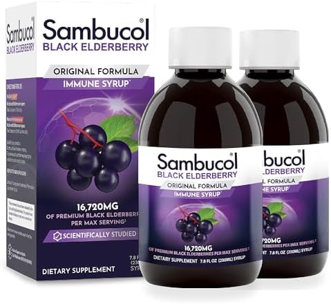 Sambucol Black Elderberry Syrup - Sambucus Syrup, Black Elderberry Liquid (Жидкость), Immune Support for Kids and Adults, High Antioxidants, Gluten Free - Original Formula, 7.8 Fl Oz, 2-Pack Sambucol