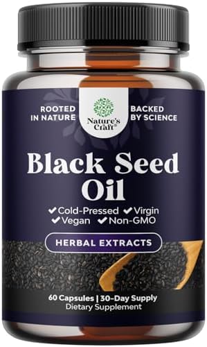 Vegan Black Seed Oil Capsules (Капсулы) - Cold Pressed Nigella Sativa Black Cumin Seed Oil Capsules with Omega 3 6 9 Antioxidants and Thymoquinone for Hair Growth Immune Support Joint Health and Digestion Natures Craft