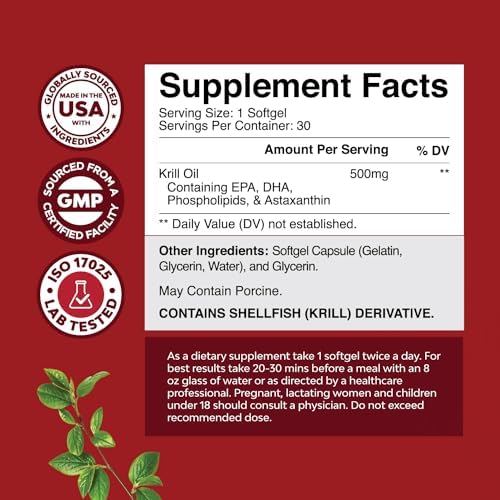 Antarctic Krill Oil 500mg Softgels - High Absorption Krill Oil Omega 3 Fatty Acid Supplement with Potent EPA DHA Astaxanthin and Phospholipids - Wild Caught Burpless Fish Omega 3 Supplement Natures Craft