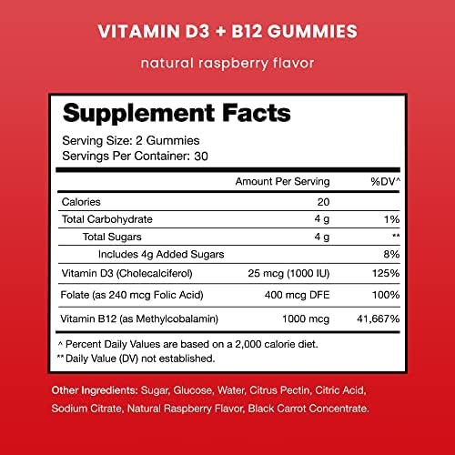 Vitamin D3 & Vitamin B12 | Methyl B12 Gummies (Жевательные конфеты) for Adults & Kids | Enhanced with Vitamin D 3 & B9 Vitamin Folate | Natural Energy, Mood, Metabolism & Focus | Raspberry | 60 Gummies NutraChamps