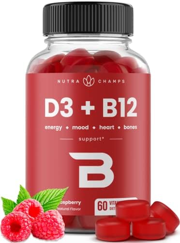 NutraChamps Vitamin D3 & B12, Methyl B12 Gummies for Adults & Kids, Enhanced with Vitamin D 3 & B9 Vitamin Folate, Natural Energy, Mood, Metabolism & Focus, Raspberry, 60 Gummies NutraChamps