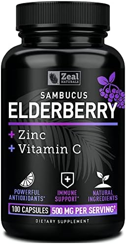 Zeal Naturals Max Strength Elderberry Capsules (Капсулы) + Zinc + Vitamin C | 500mg for Immune System Support with Black Sambucus Elderberry | 100 Count | 3-in-1 Immune Support for Adults Zeal Naturals