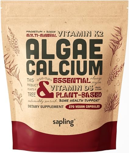 Calcium Supplement - Whole Food with Vitamin K2 & D3, Magnesium, Zinc, Boron, Mineral Complex. Sourced Sustainably from Red Algae. for Bone Strength and Support. Non-GMO & Vegan 90 Capsules. Sapling