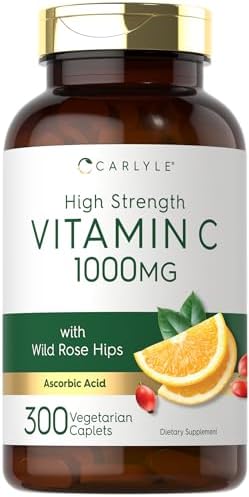 Carlyle Vitamin C 1000mg | 300 Vegetarian Caplets | Ascorbic Acid with Wild Rose HIPS | High Strength Formula | Non-GMO and Gluten Free Supplement Carlyle