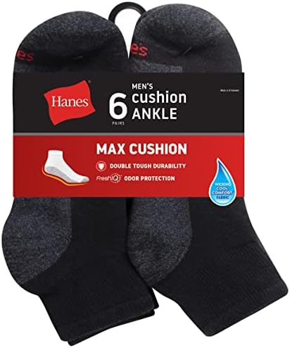 Hanes Men's Max Cushioned Ankle Socks, Moisture-Wicking with Odor Control, Multi-Pack, Size 6-12, Black & White Hanes