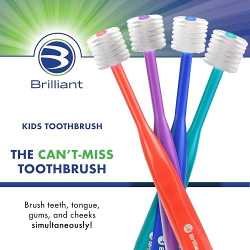 Brilliant Oral Care Kids Toothbrush with Soft Bristles and Round Head, for a Child Approved, Easy to Use All-Around Clean Mouth, Ages 5-9 Years, Red Purple Teal, 3 Pack Brilliant