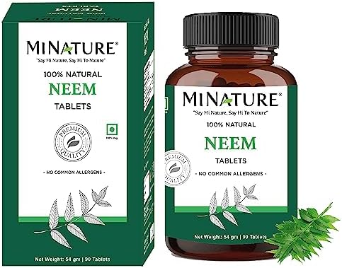 Neem Tablets by mi Nature| 90 Tablets, 1000 mg| 45 Days Supply| Clear Skin| Acne Free| Vegan | Minature