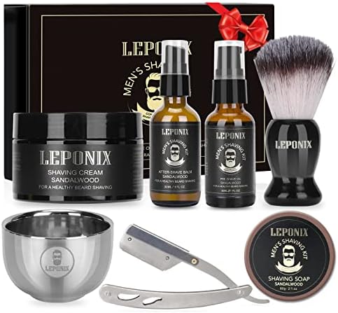 Shaving Kit for Men-Includes Straight Edge Razor Kit, Sandalwood Shaving Soap, Shaving Cream, Mens After Shave Balm, Pre-Shave Oil,Shaving Brush and Bowl,Shaving Gift Set for Men (Sandalwood) LEPONIX