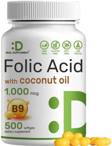 DEAL SUPPLEMENT Folic Acid 1000 mcg (1 mg), 500 Coconut Oil Softgels | Bioavailable Prenatal Vitamins (Vitamin B9) – 1,667 mcg DFE – Easy to Swallow, Non-GMO, & No Gluten DEAL SUPPLEMENT