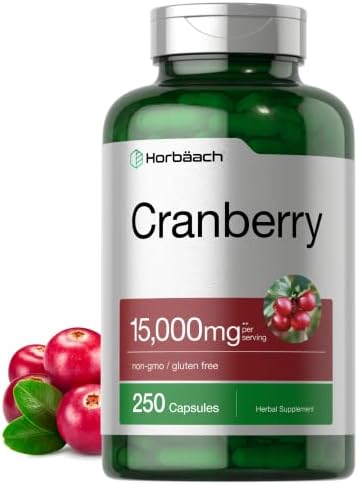 Horbäach Cranberry Pills + Vitamin C | 15,000mg | 250 Capsules | Non-GMO and Gluten Free Supplement from Concentrate Extract Horbäach